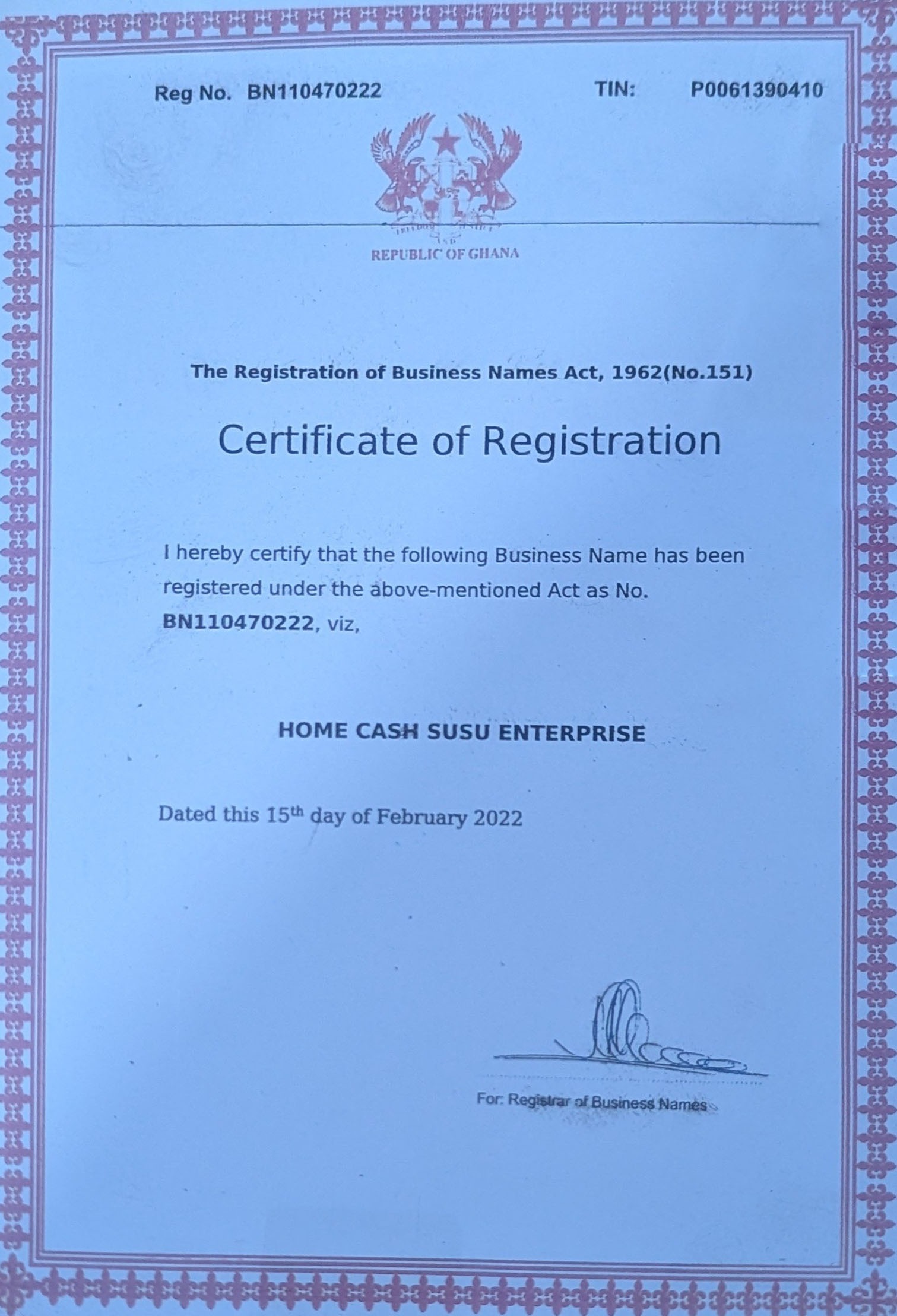 Business Name Registration Certificate