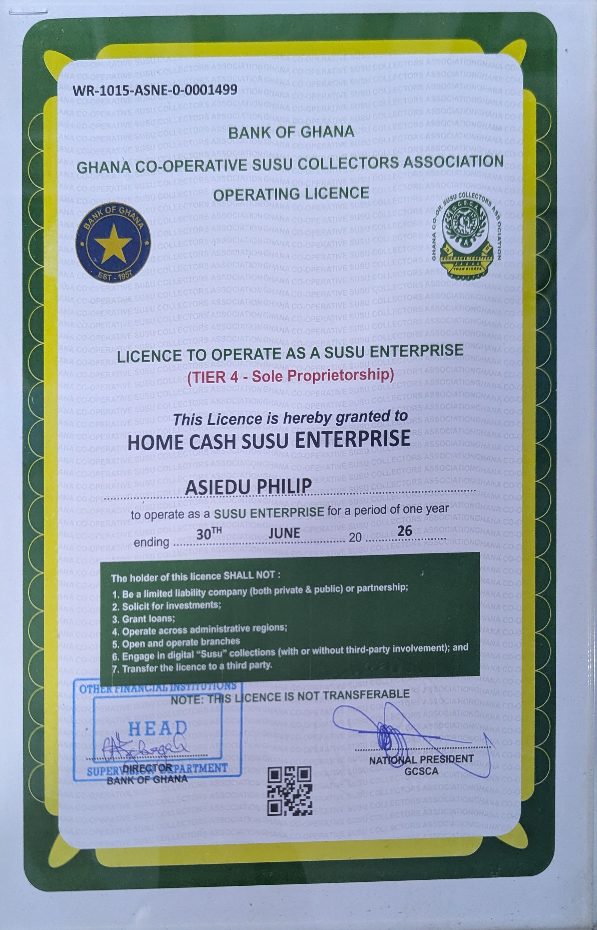 Bank of Ghana Operating License